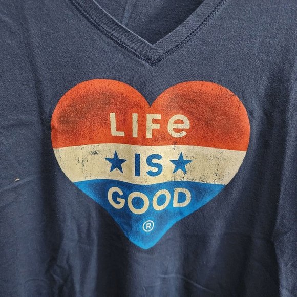 Life Is Good Women's V Neck Tee Shirt Top USA Heart Design Red/White/Blue Size M - Picture 3 of 7